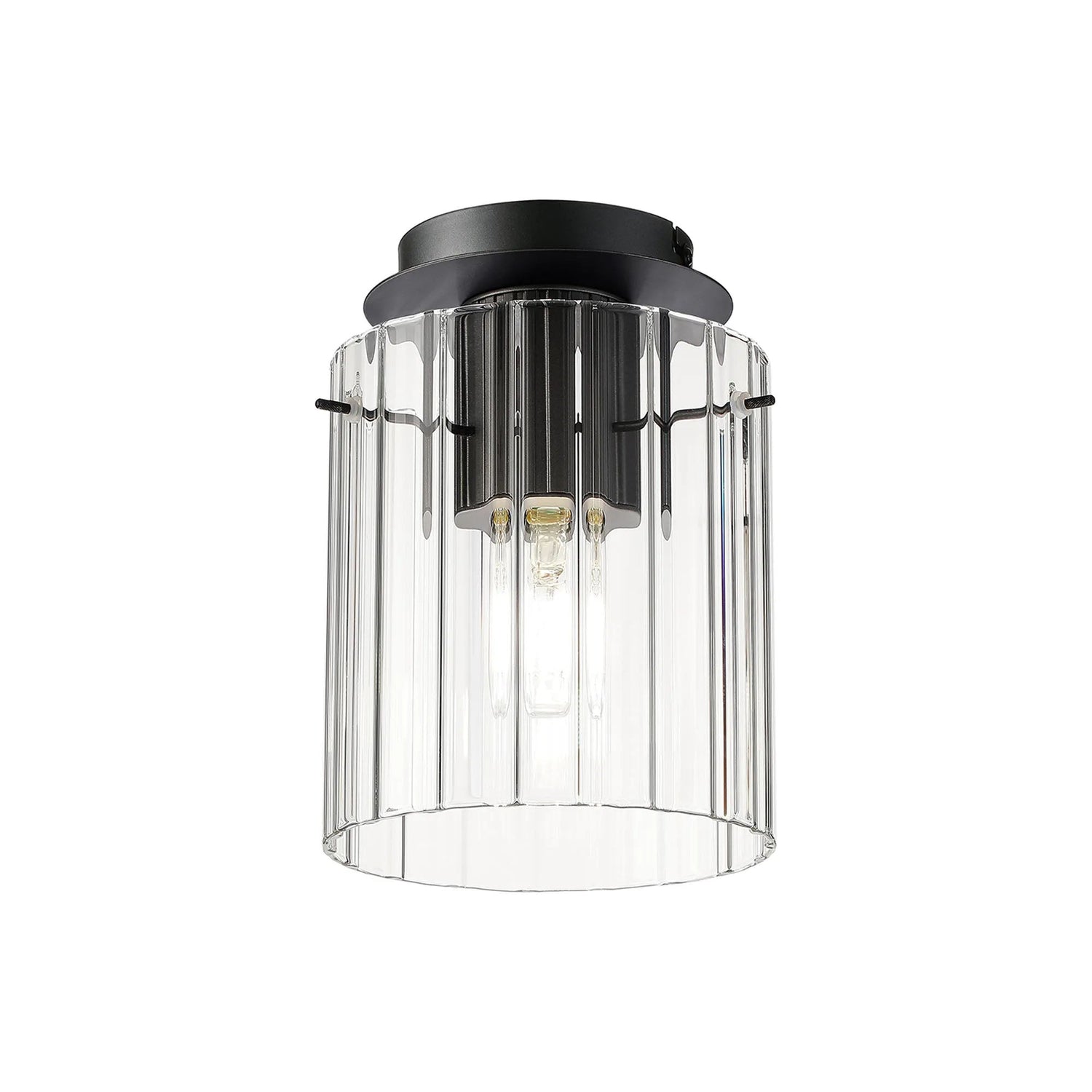 Aouchiche Round Ceiling Flush, 1 Light Flush Fitting E27, Dark Grey/Clear Wide Line Glass