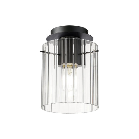Aouchiche Round Ceiling Flush, 1 Light Flush Fitting E27, Dark Grey/Clear Wide Line Glass