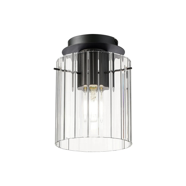 Aouchiche Round Ceiling Flush, 1 Light Flush Fitting E27, Dark Grey/Clear Wide Line Glass