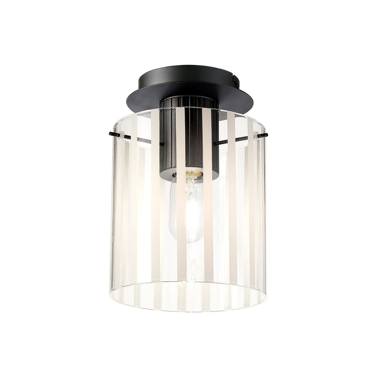 Aouchiche Round Ceiling Flush, 1 Light Flush Fitting E27, Dark Grey/Frosted/Clear Wide Line Glass