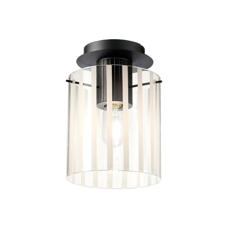 Aouchiche Round Ceiling Flush, 1 Light Flush Fitting E27, Dark Grey/Frosted/Clear Wide Line Glass