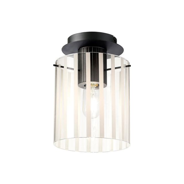 Aouchiche Round Ceiling Flush, 1 Light Flush Fitting E27, Dark Grey/Frosted/Clear Wide Line Glass
