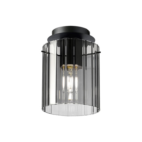 Aouchiche Round Ceiling Flush, 1 Light Flush Fitting E27, Dark Grey/Smoke Wide Line Glass