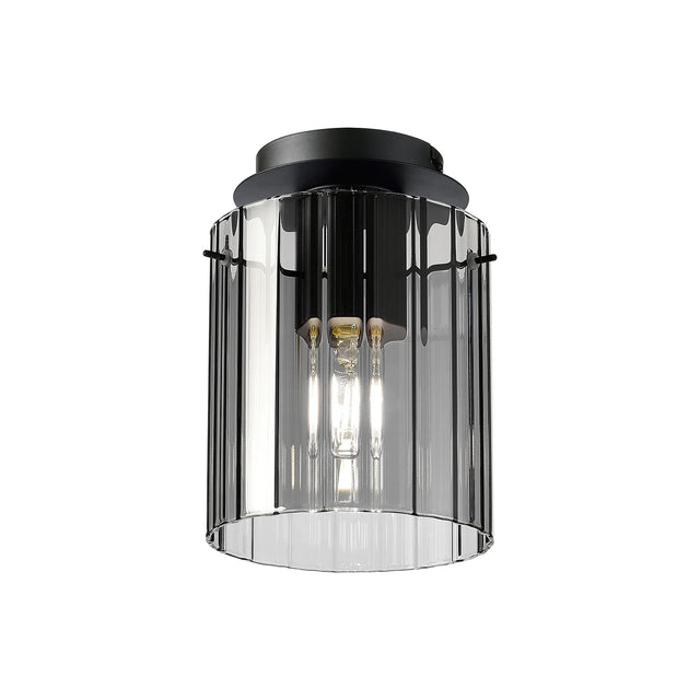 Aouchiche Round Ceiling Flush, 1 Light Flush Fitting E27, Dark Grey/Smoke Wide Line Glass