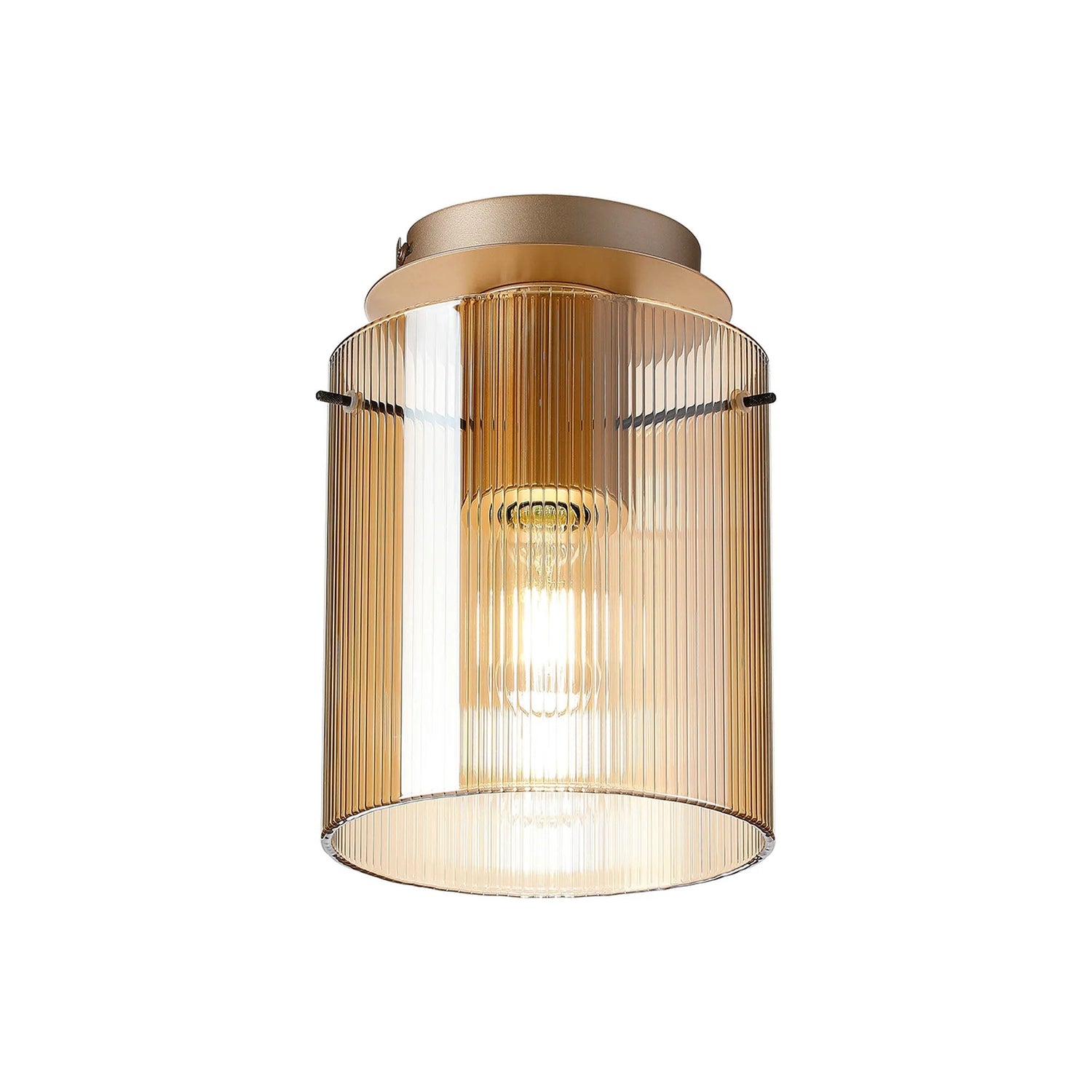 Aouchiche Round Ceiling Flush, 1 Light Flush Fitting E27, Light Gold/Amber Narrow Line Glass