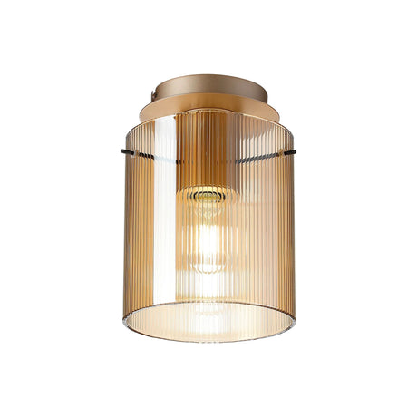 Aouchiche Round Ceiling Flush, 1 Light Flush Fitting E27, Light Gold/Amber Narrow Line Glass