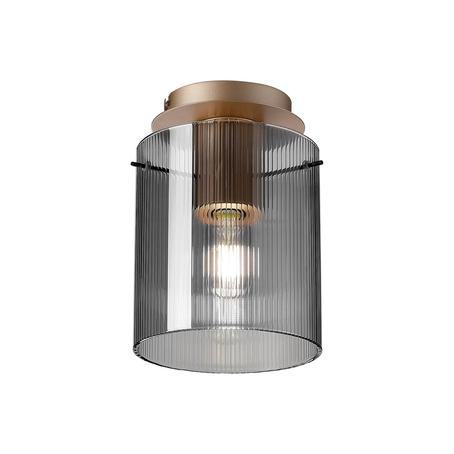 Aouchiche Round Ceiling Flush, 1 Light Flush Fitting E27, Light Gold/Smoke Narrow Line Glass