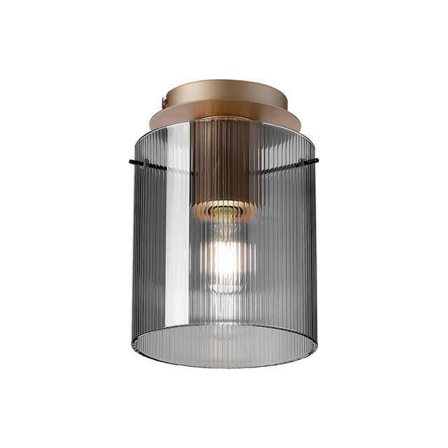Aouchiche Round Ceiling Flush, 1 Light Flush Fitting E27, Light Gold/Smoke Narrow Line Glass