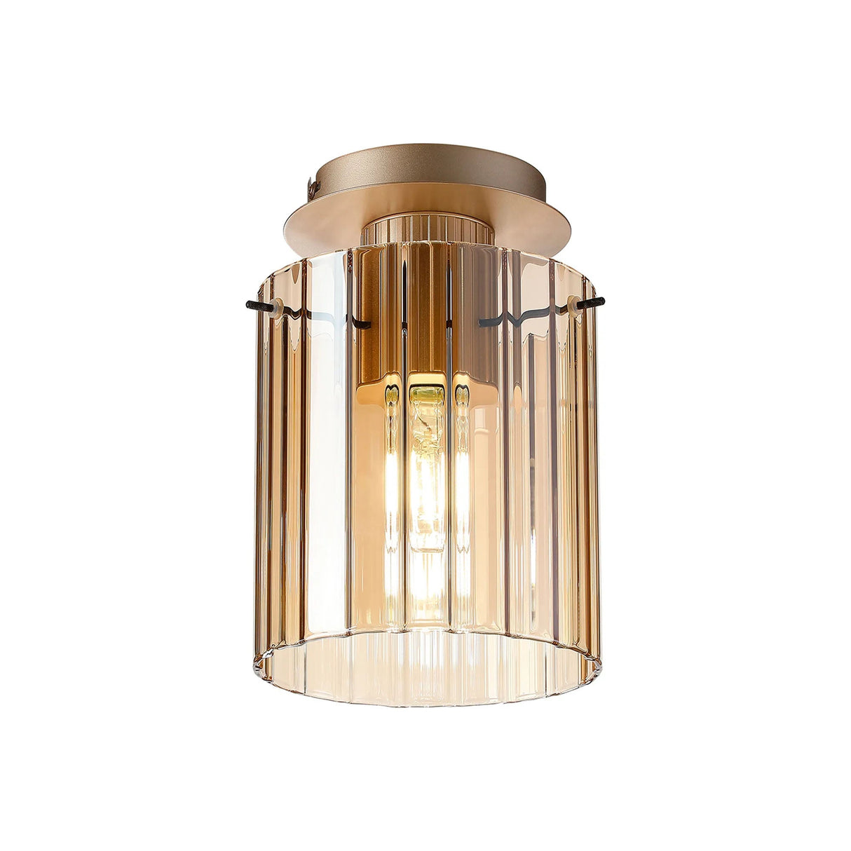 Aouchiche Round Ceiling Flush, 1 Light Flush Fitting E27, Light Gold/Amber Wide Line Glass