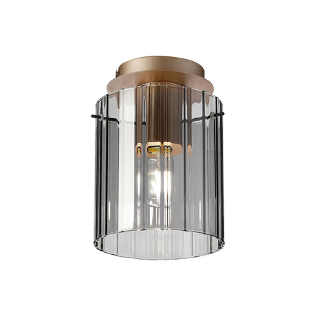 Aouchiche Round Ceiling Flush, 1 Light Flush Fitting E27, Light Gold/Smoke Wide Line Glass