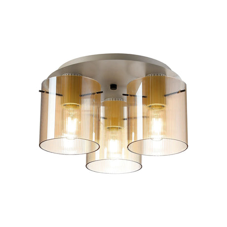 Aouchiche Round Ceiling Flush, 3 Light Flush Fitting E27, Beige Stone/Amber Narrow Line Glass
