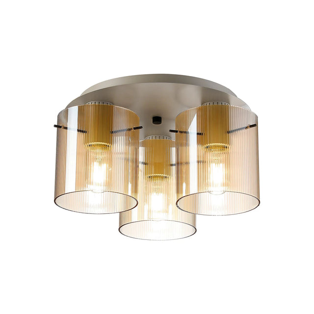 Aouchiche Round Ceiling Flush, 3 Light Flush Fitting E27, Beige Stone/Amber Narrow Line Glass