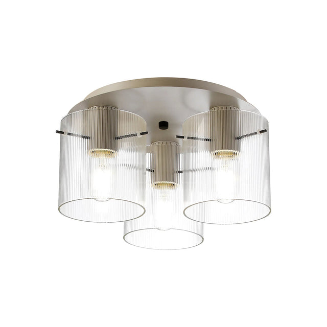 Aouchiche Round Ceiling Flush, 3 Light Flush Fitting E27, Beige Stone/Clear Narrow Line Glass