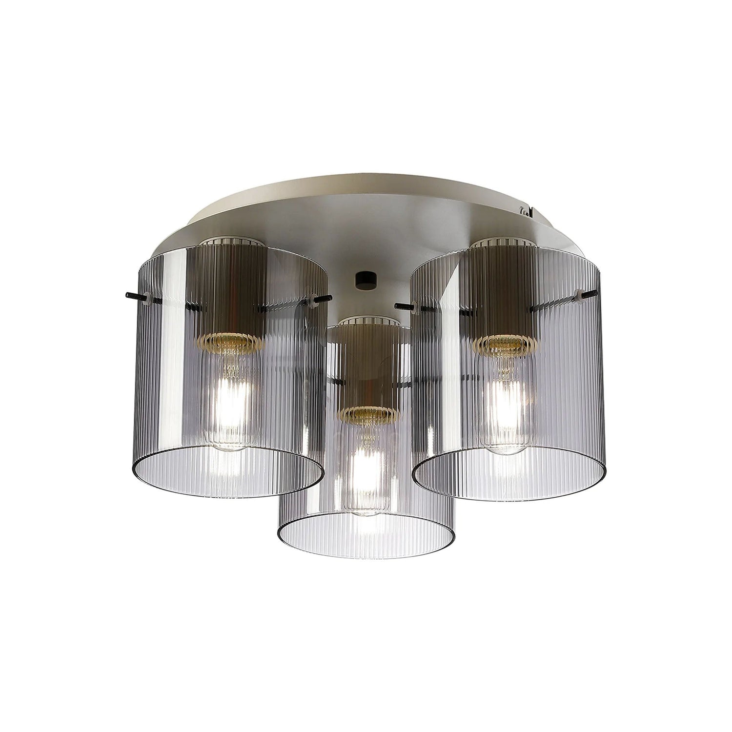 Aouchiche Round Ceiling Flush, 3 Light Flush Fitting E27, Beige Stone/Smoke Narrow Line Glass