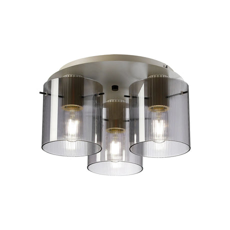 Aouchiche Round Ceiling Flush, 3 Light Flush Fitting E27, Beige Stone/Smoke Narrow Line Glass