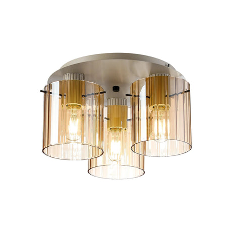 Aouchiche Round Ceiling Flush, 3 Light Flush Fitting E27, Beige Stone/Amber Wide Line Glass