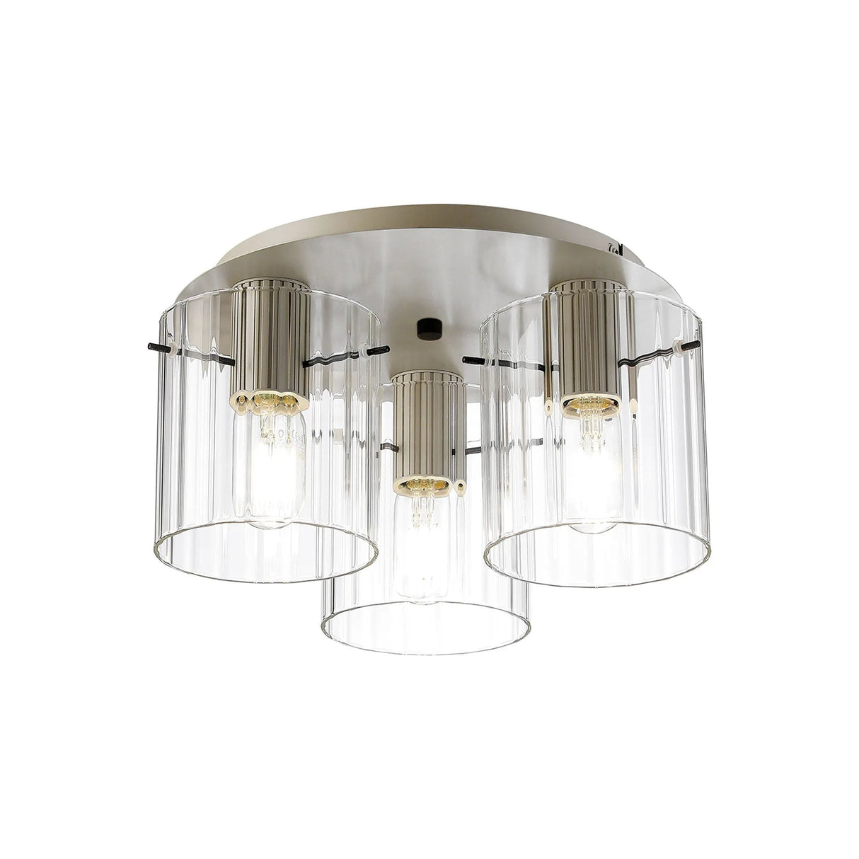 Aouchiche Round Ceiling Flush, 3 Light Flush Fitting E27, Beige Stone/Clear Wide Line Glass