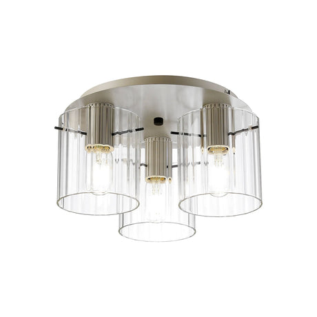 Aouchiche Round Ceiling Flush, 3 Light Flush Fitting E27, Beige Stone/Clear Wide Line Glass