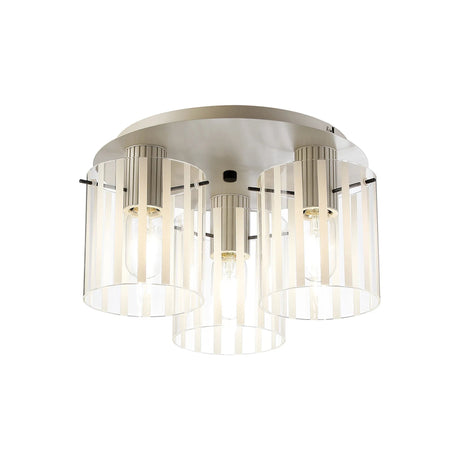 Aouchiche Round Ceiling Flush, 3 Light Flush Fitting E27, Beige Stone/Frosted/Clear Wide Line Glass