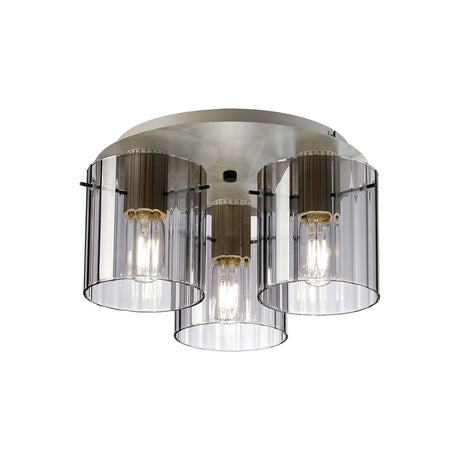 Aouchiche Round Ceiling Flush, 3 Light Flush Fitting E27, Beige Stone/Smoke Wide Line Glass
