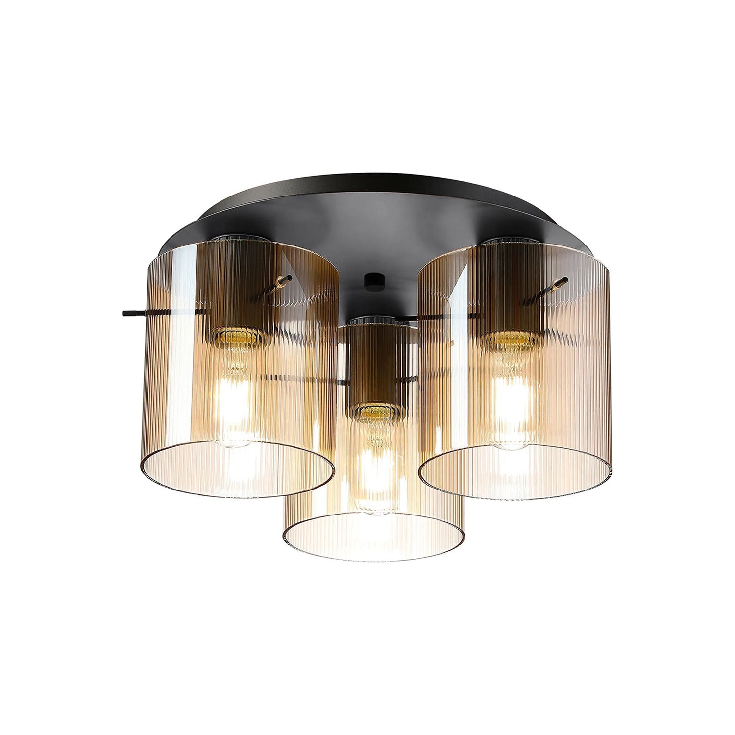 Aouchiche Round Ceiling Flush, 3 Light Flush Fitting E27, Dark Grey/Amber Narrow Line Glass