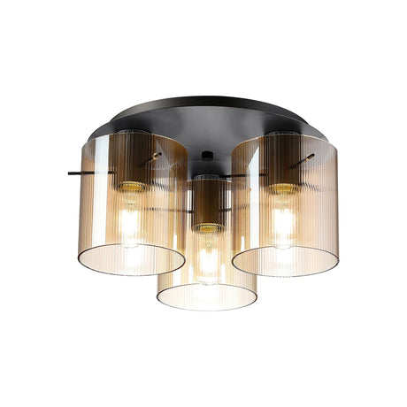 Aouchiche Round Ceiling Flush, 3 Light Flush Fitting E27, Dark Grey/Amber Narrow Line Glass