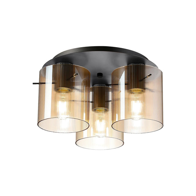 Aouchiche Round Ceiling Flush, 3 Light Flush Fitting E27, Dark Grey/Amber Narrow Line Glass