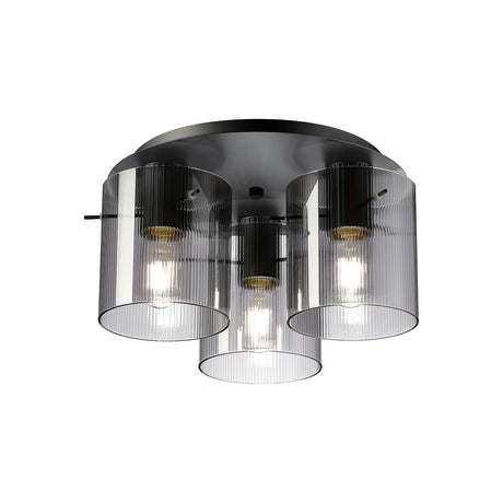 Aouchiche Round Ceiling Flush, 3 Light Flush Fitting E27, Dark Grey/Smoke Narrow Line Glass