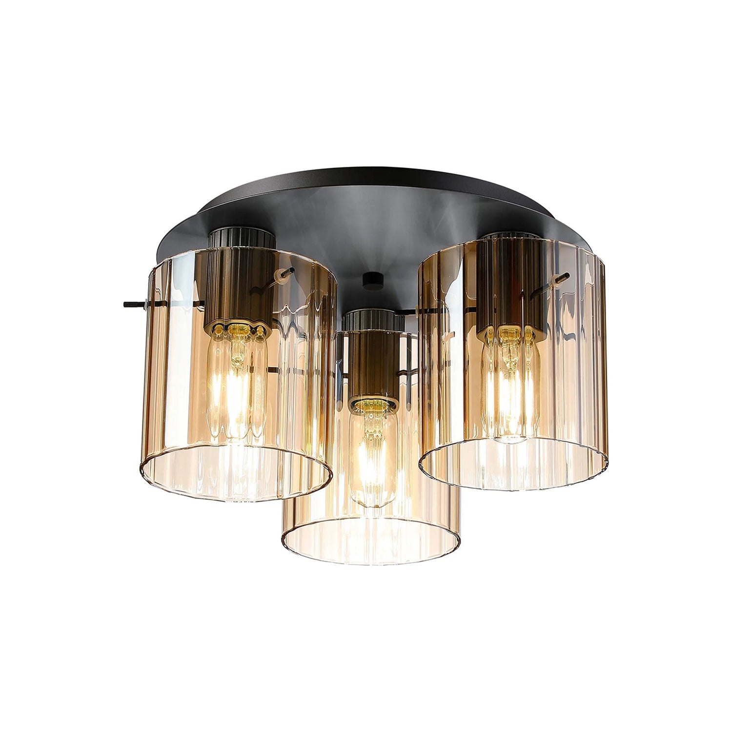 Aouchiche Round Ceiling Flush, 3 Light Flush Fitting E27, Dark Grey/Amber Wide Line Glass