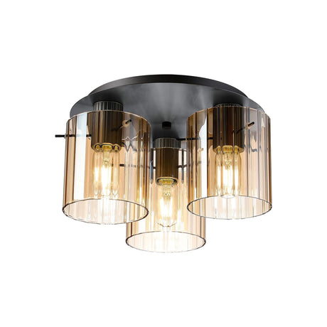 Aouchiche Round Ceiling Flush, 3 Light Flush Fitting E27, Dark Grey/Amber Wide Line Glass