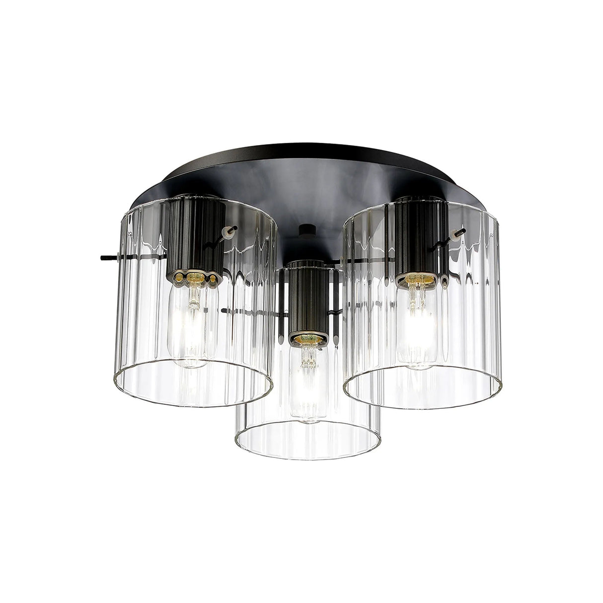 Aouchiche Round Ceiling Flush, 3 Light Flush Fitting E27, Dark Grey/Clear Wide Line Glass