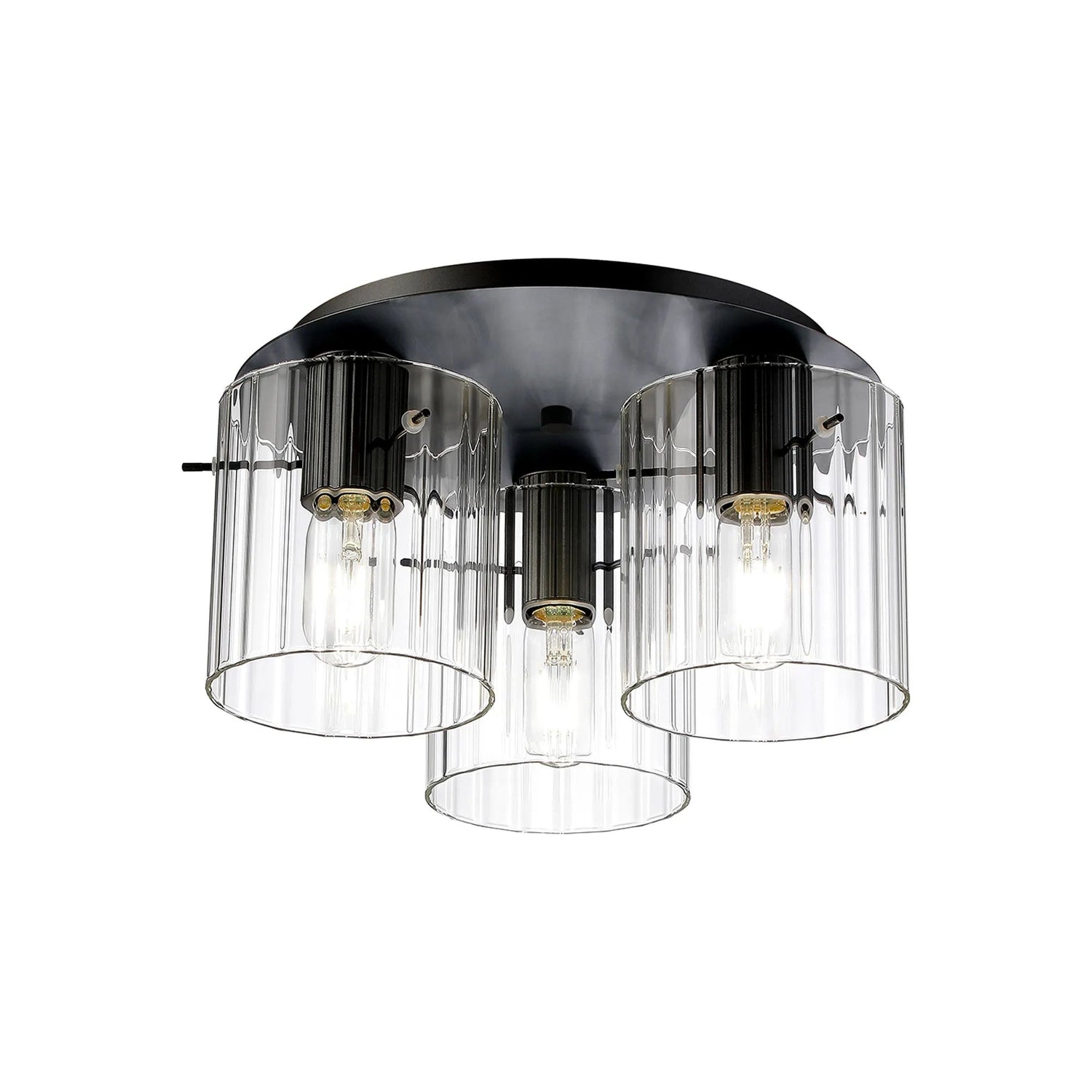 Aouchiche Round Ceiling Flush, 3 Light Flush Fitting E27, Dark Grey/Clear Wide Line Glass