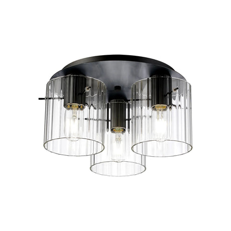 Aouchiche Round Ceiling Flush, 3 Light Flush Fitting E27, Dark Grey/Clear Wide Line Glass