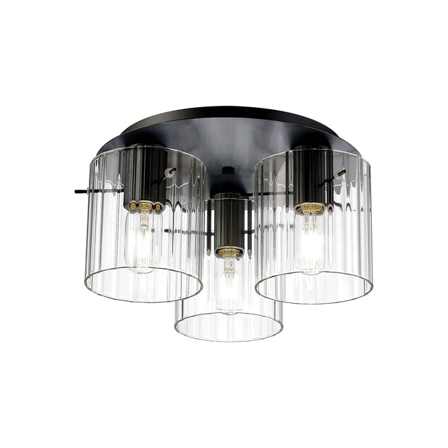 Aouchiche Round Ceiling Flush, 3 Light Flush Fitting E27, Dark Grey/Clear Wide Line Glass