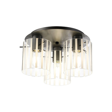 Aouchiche Round Ceiling Flush, 3 Light Flush Fitting E27, Dark Grey/Frosted/Clear Wide Line Glass