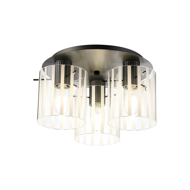Aouchiche Round Ceiling Flush, 3 Light Flush Fitting E27, Dark Grey/Frosted/Clear Wide Line Glass