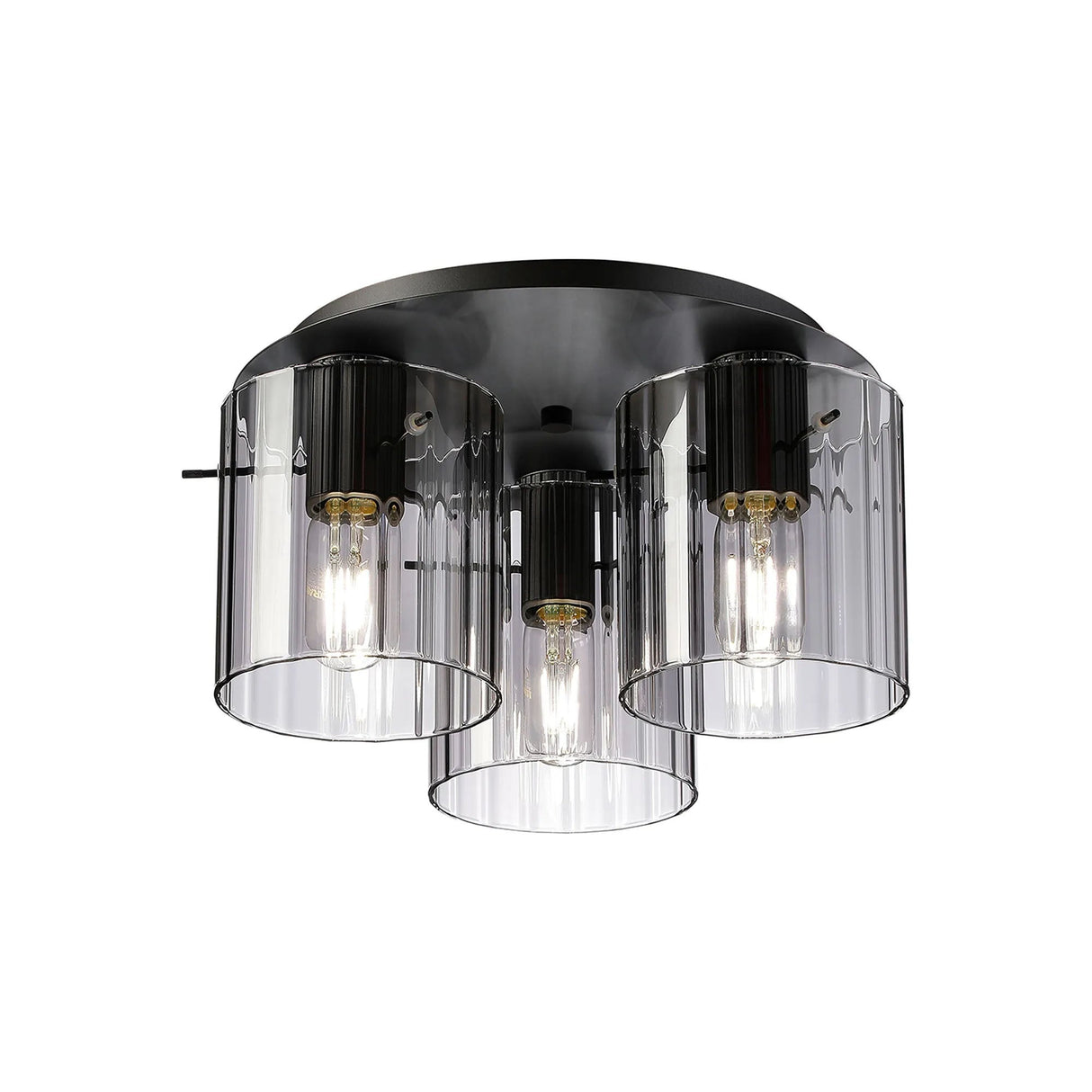 Aouchiche Round Ceiling Flush, 3 Light Flush Fitting E27, Dark Grey/Smoke Wide Line Glass