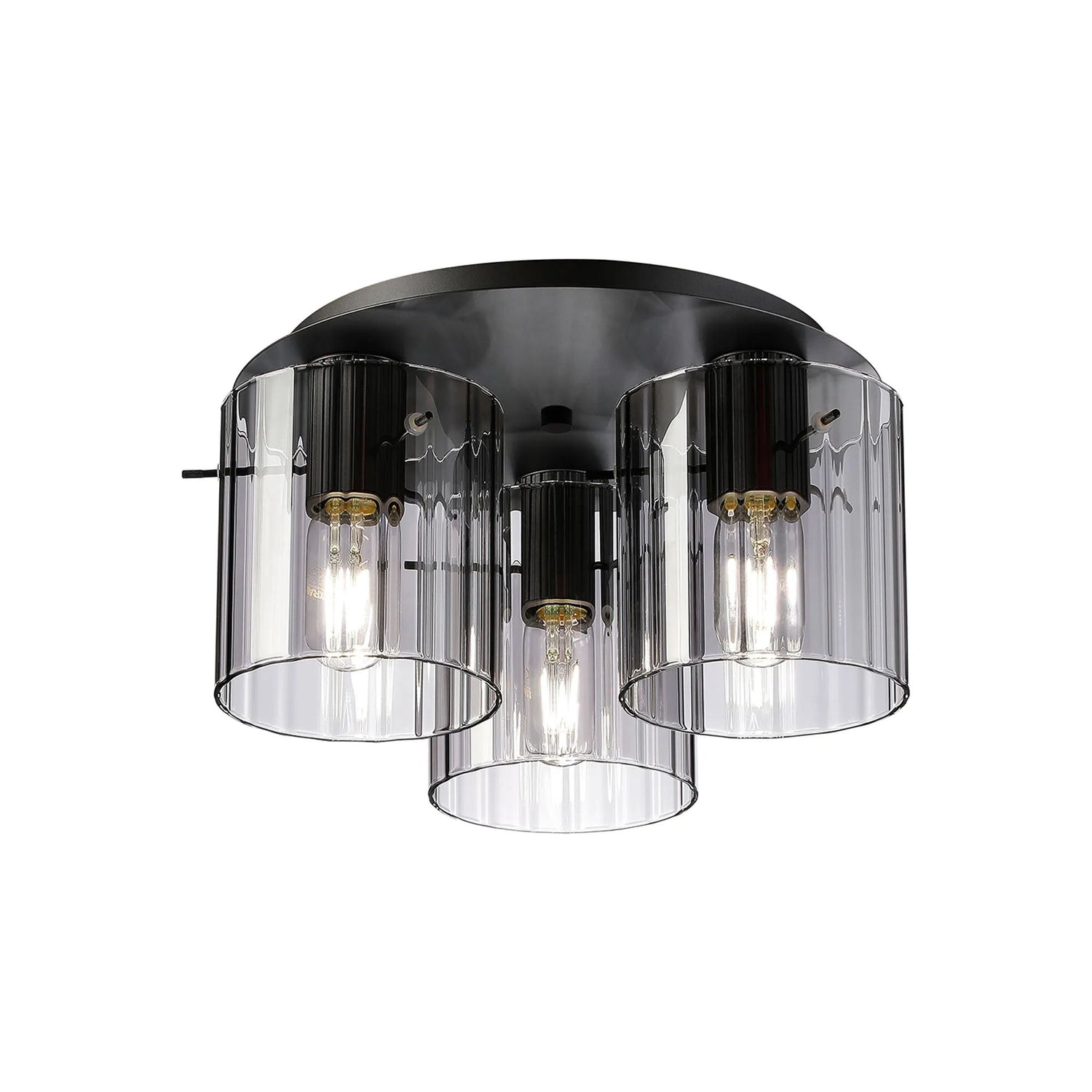 Aouchiche Round Ceiling Flush, 3 Light Flush Fitting E27, Dark Grey/Smoke Wide Line Glass