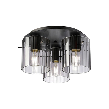 Aouchiche Round Ceiling Flush, 3 Light Flush Fitting E27, Dark Grey/Smoke Wide Line Glass