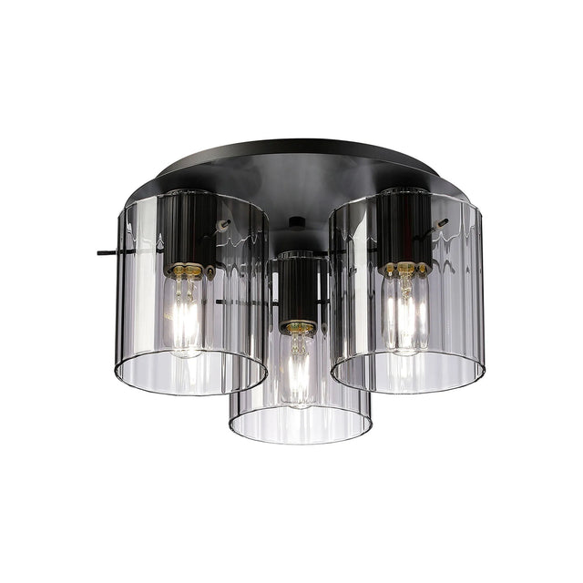 Aouchiche Round Ceiling Flush, 3 Light Flush Fitting E27, Dark Grey/Smoke Wide Line Glass