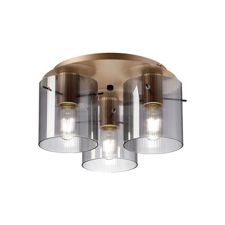 Aouchiche Round Ceiling Flush, 3 Light Flush Fitting E27, Light Gold/Smoke Narrow Line Glass