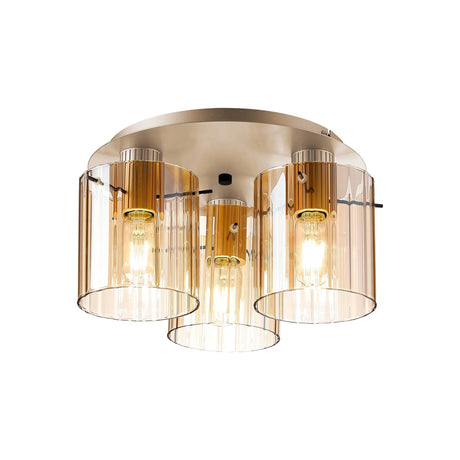 Aouchiche Round Ceiling Flush, 3 Light Flush Fitting E27, Light Gold/Amber Wide Line Glass