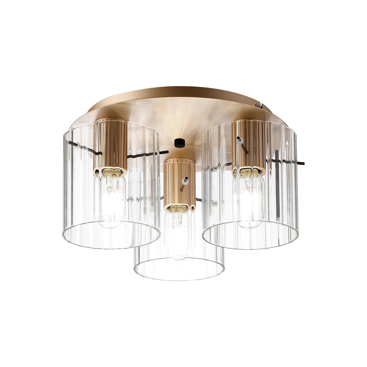 Aouchiche Round Ceiling Flush, 3 Light Flush Fitting E27, Light Gold/Clear Wide Line Glass