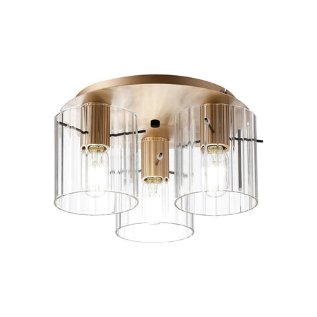 Aouchiche Round Ceiling Flush, 3 Light Flush Fitting E27, Light Gold/Clear Wide Line Glass
