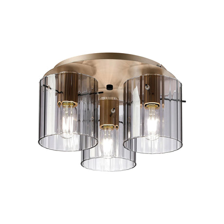 Aouchiche Round Ceiling Flush, 3 Light Flush Fitting E27, Light Gold/Smoke Wide Line Glass