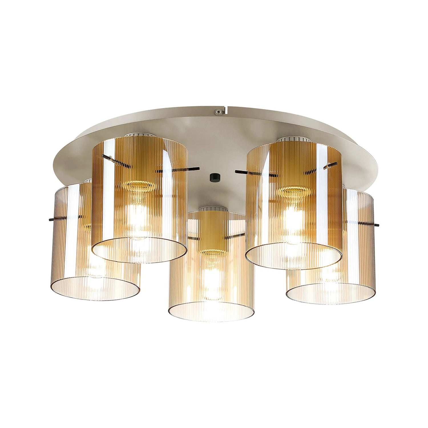 Aouchiche Round Ceiling Flush, 5 Light Flush Fitting E27, Beige Stone/Amber Narrow Line Glass