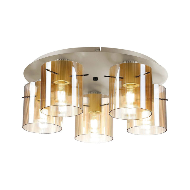 Aouchiche Round Ceiling Flush, 5 Light Flush Fitting E27, Beige Stone/Amber Narrow Line Glass
