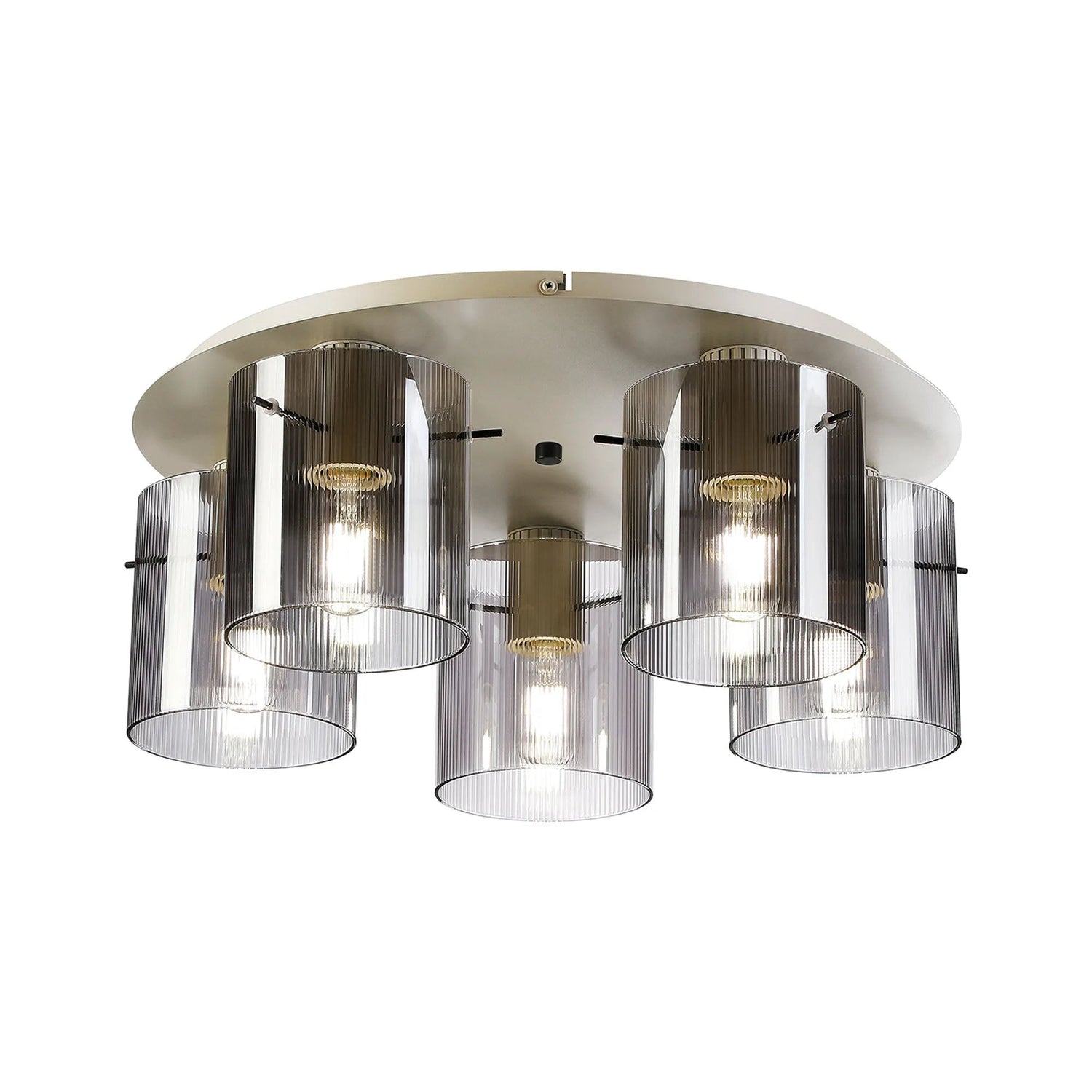 Aouchiche Round Ceiling Flush, 5 Light Flush Fitting E27, Beige Stone/Smoke Narrow Line Glass