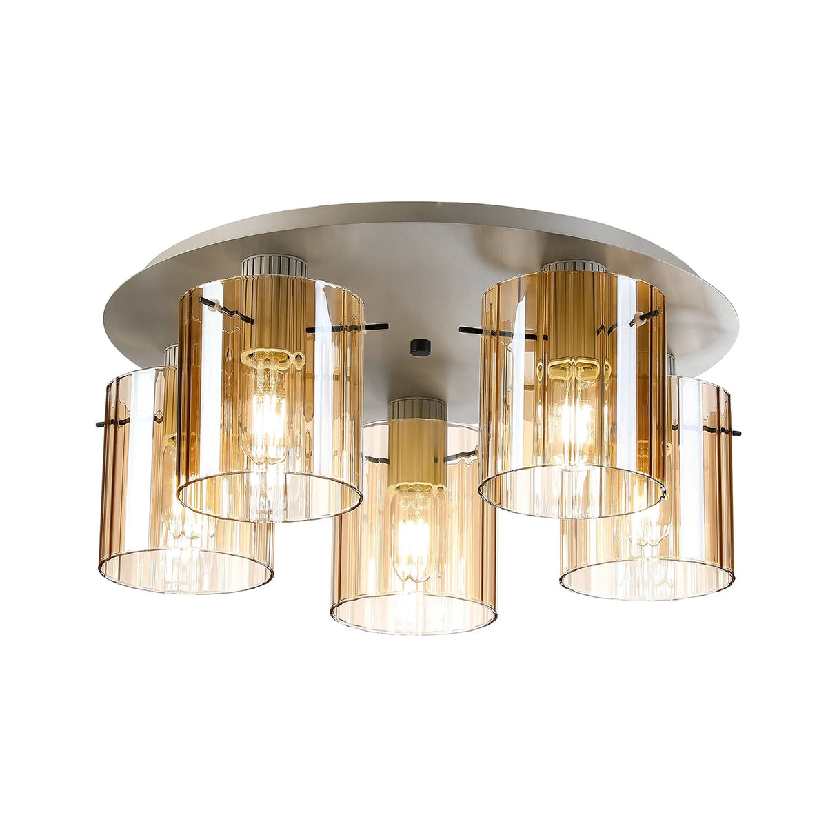 Aouchiche Round Ceiling Flush, 5 Light Flush Fitting E27, Beige Stone/Amber Wide Line Glass