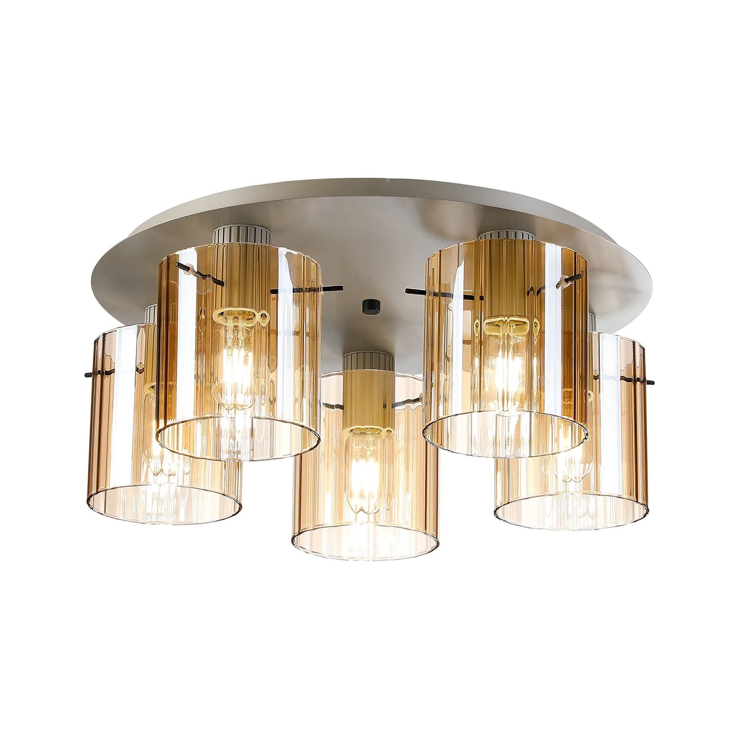 Aouchiche Round Ceiling Flush, 5 Light Flush Fitting E27, Beige Stone/Amber Wide Line Glass